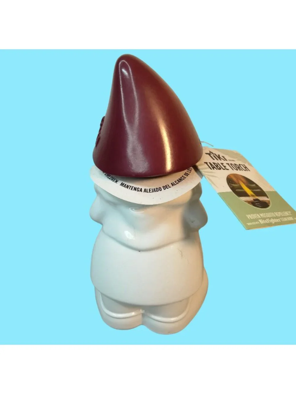Tiki Table Torch Gnome White Ceramic Red Hat